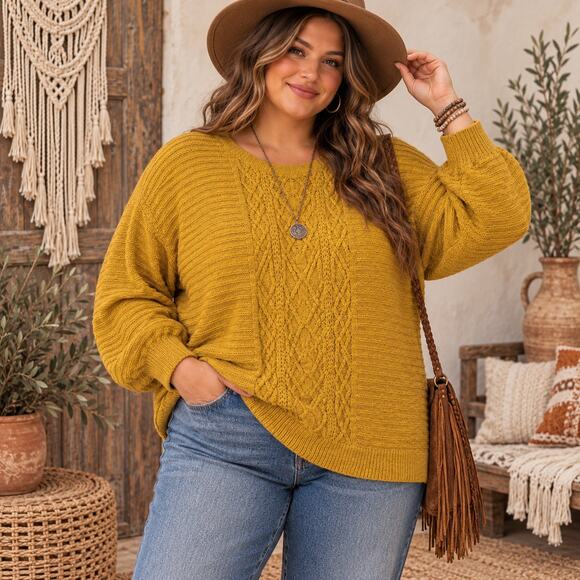 Mossimo Sweaters - Mossimo Cable Knit Womens Sweater Sz XXL Mustard Boho Rustic Cottage Lagenlook